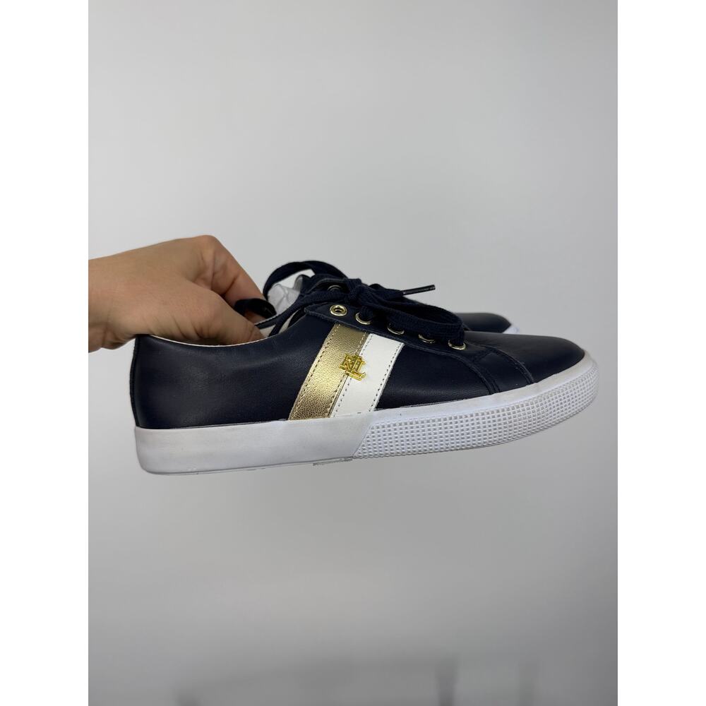 Ralph Lauren Womens Jason II Leather Sneakers Size 6 Navy Gold Logo Retro Preppy - Picture 5 of 9